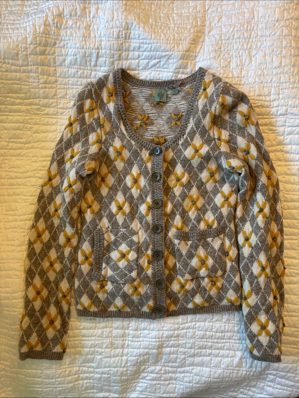 Argyle Embroidered Cardigan Sweater in Grey, Cream and Mustard